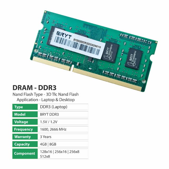 BRYT BR-5001-10 Standard DDR3 8 GB (Dual Channel) Laptop DRAM (RAM DDR3 SO DIMM , 1600MHz , 240 Pins , RAM Memory for Laptop), Black