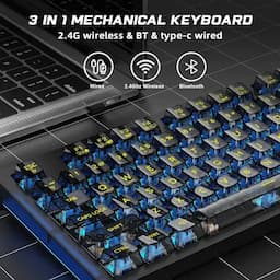 Aula F2183 Mechanical Type-C wired & 2.4G wireless & Bluetooth Gaming Keyboard, Hot Swappable RGB Switch Lightning Effect, Black