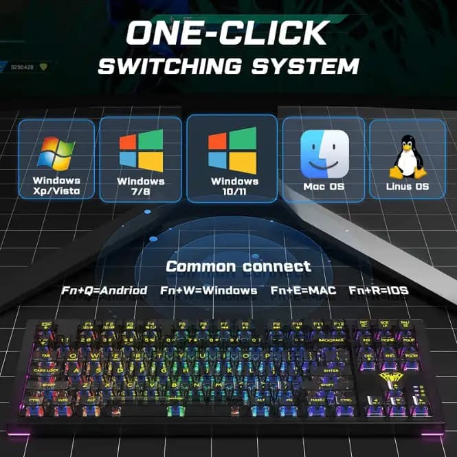 Aula F2183 Mechanical Type-C wired & 2.4G wireless & Bluetooth Gaming Keyboard, Hot Swappable RGB Switch Lightning Effect, Black